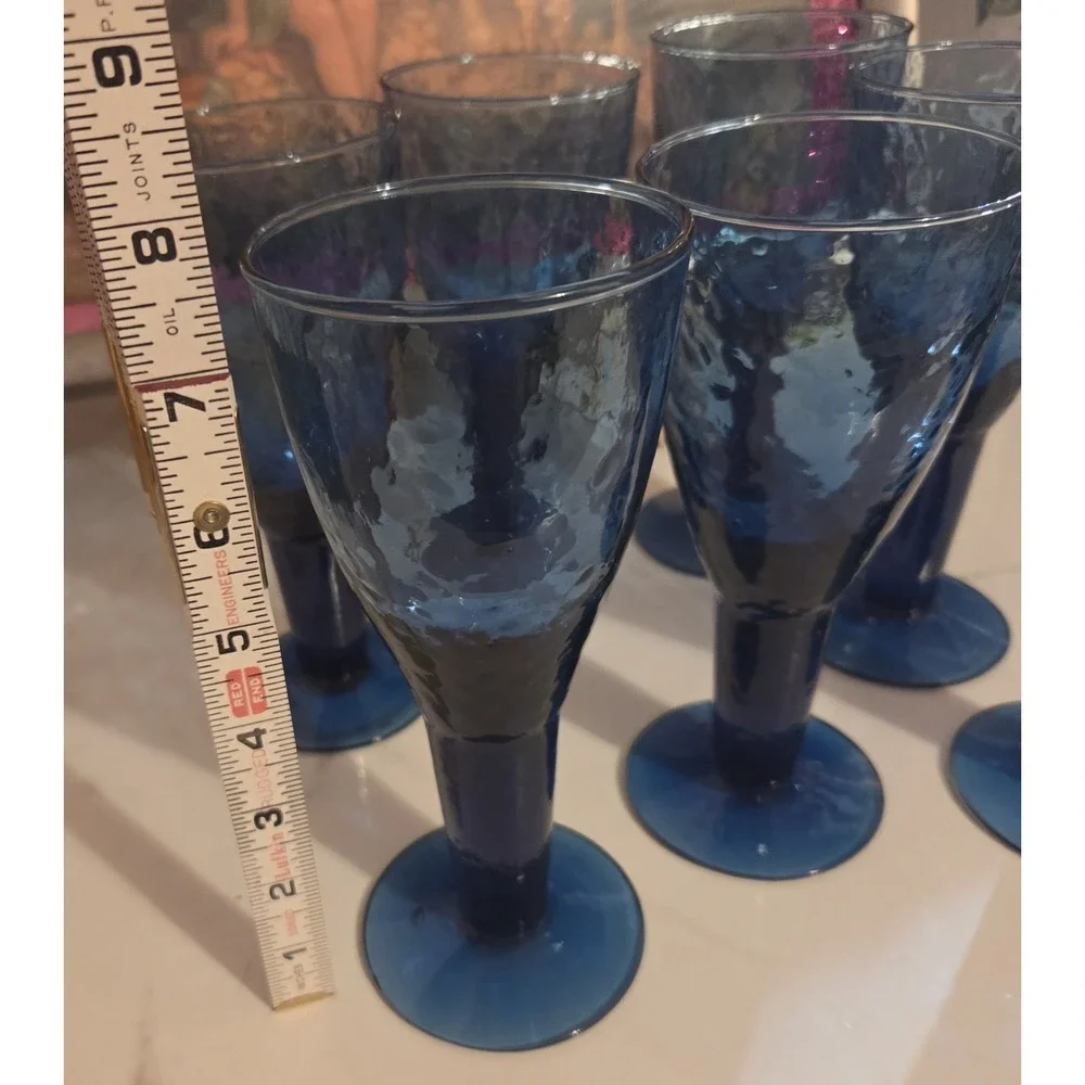 MEXICO GLASS BLUE HAMMERED GOBLETS WATER WINE STEMWARE SET 7